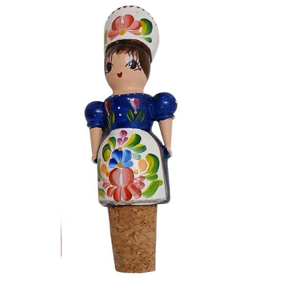 Colorful Hungarian Folk-Art Girl Lady Cork Wine Bottle Stopper Russian European - Picture 2 of 8